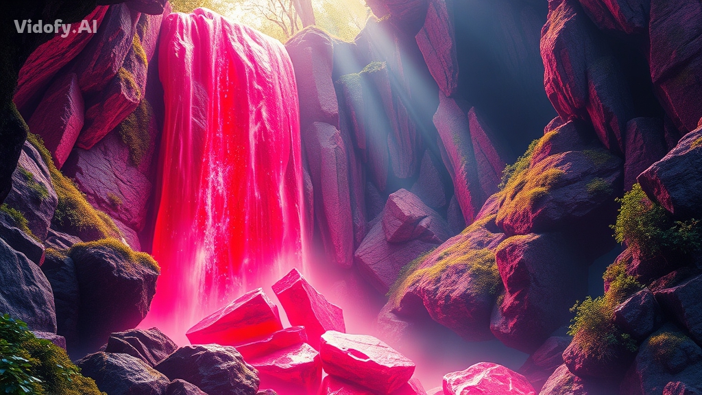 A ruby-red gemstone waterfall cascading through a crystal forest