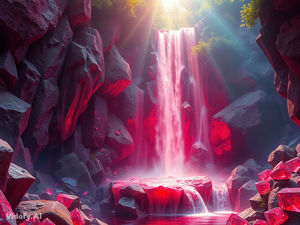 A ruby-red gemstone waterfall cascading through a crystal forest
