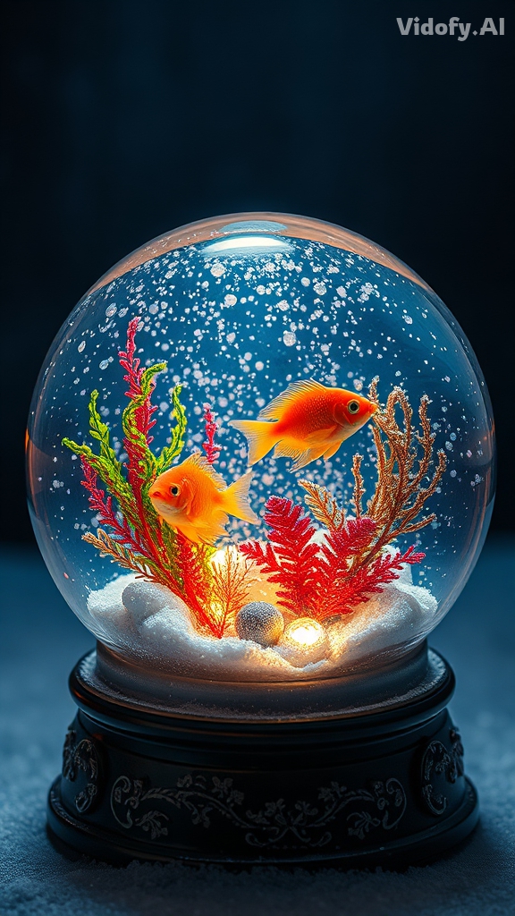 A glowing tropical fish tank contained inside a snow globe