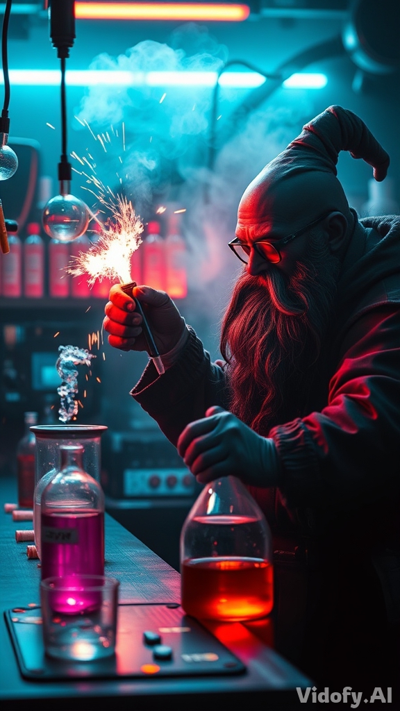 Dwarf scientist in a neon-lit cyberpunk lab mixing glowing liquid
