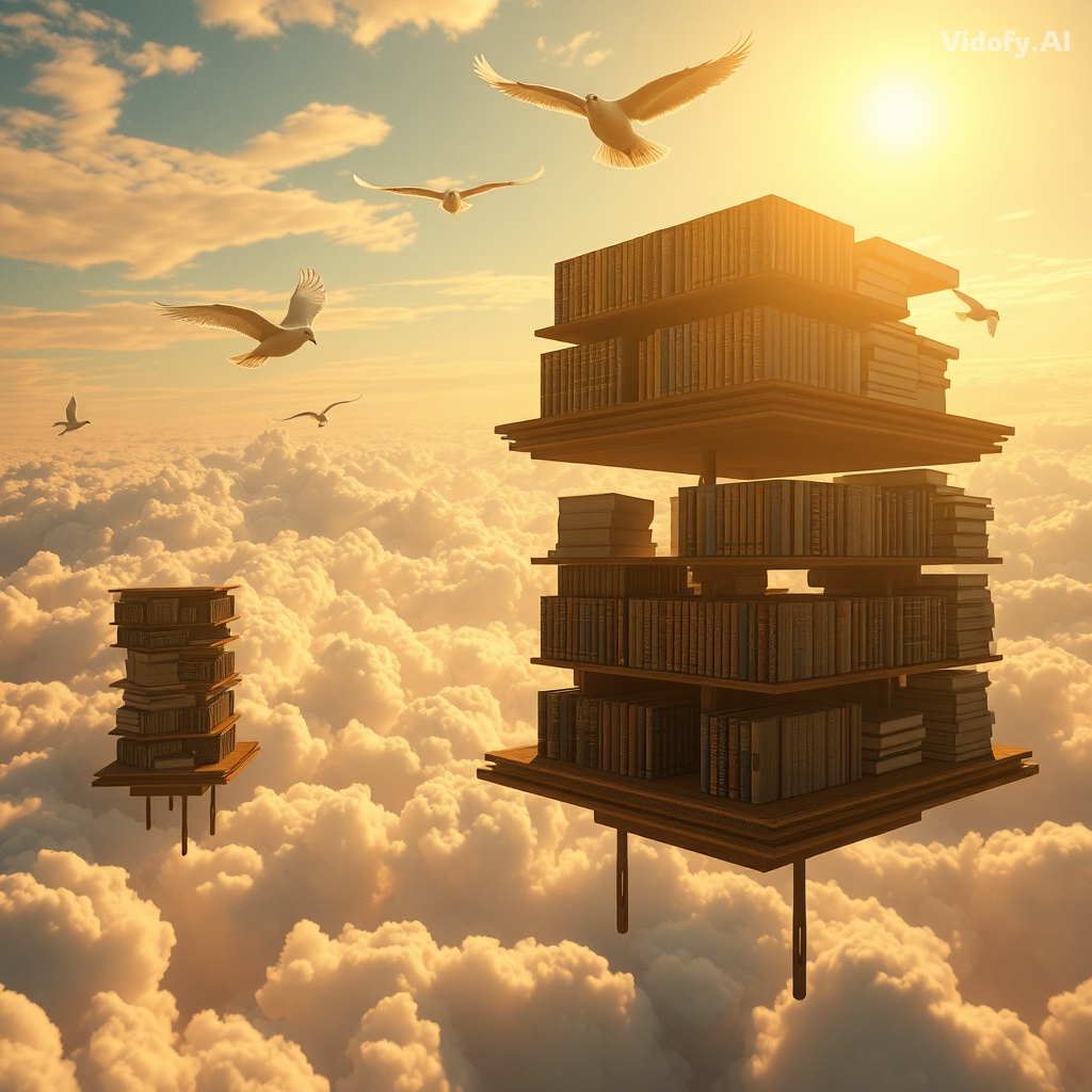 A floating library with open books flying like birds above the cl