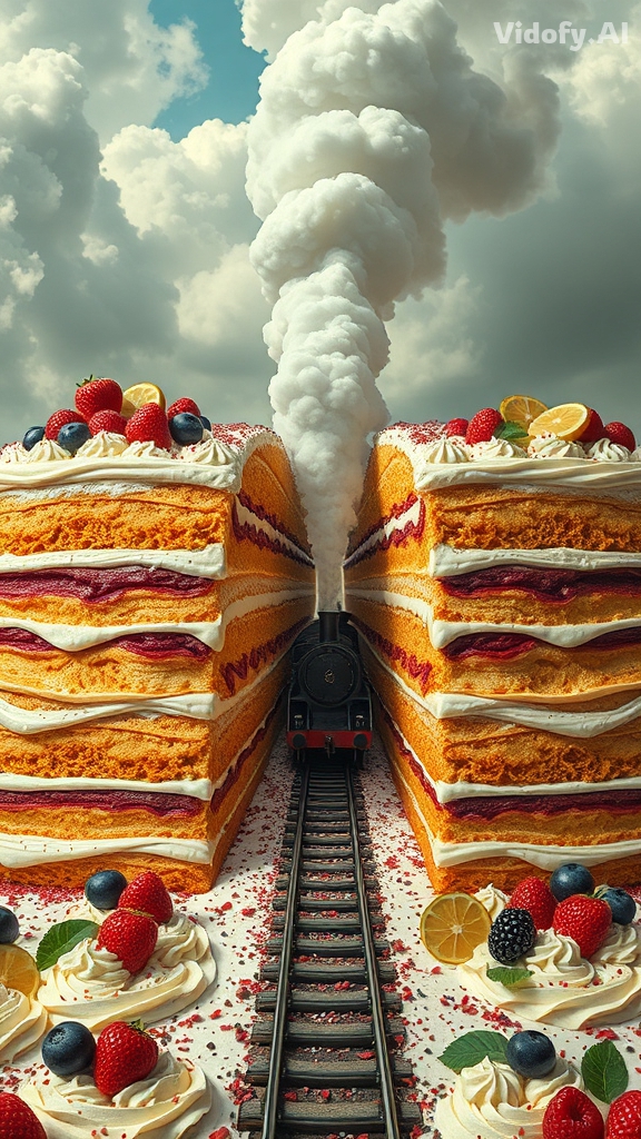 A steam train traveling through the middle of a giant layered cak