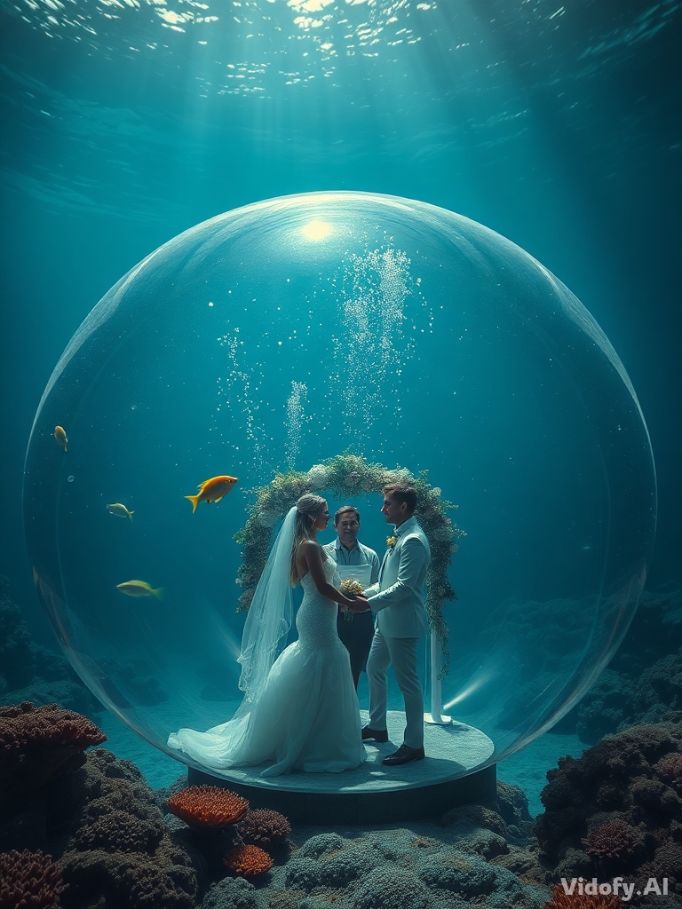 A romantic wedding ceremony taking place inside a giant air bubbl