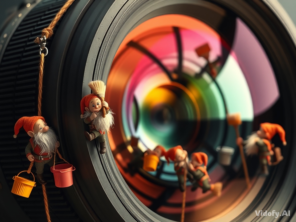 A team of tiny dwarfs cleaning a giant camera lens with brushes