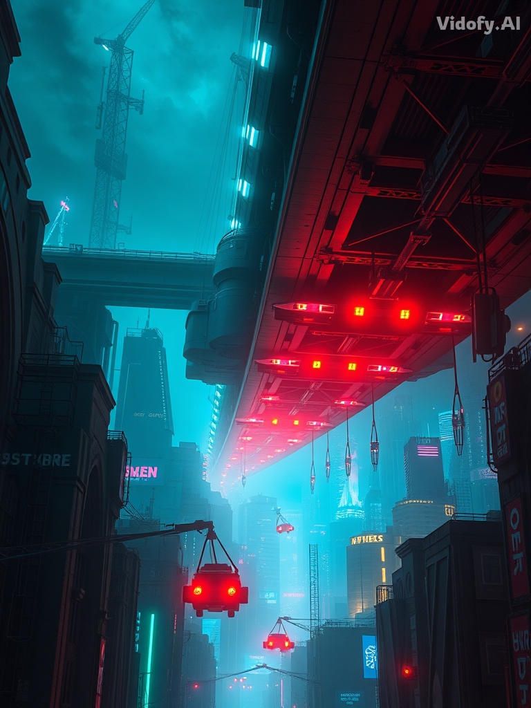 An upside-down futuristic city hanging underneath a massive bridg