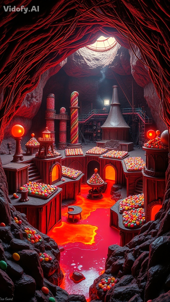 A colorful candy factory built inside the crater of an active vol