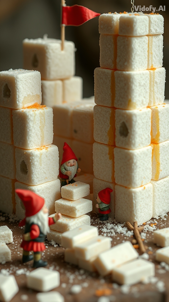 Miniature dwarfs constructing a castle out of giant sugar cubes