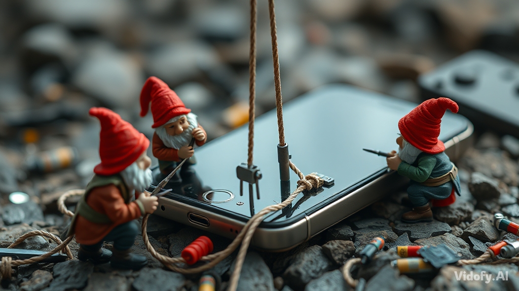 Miniature dwarfs repairing a giant smartphone