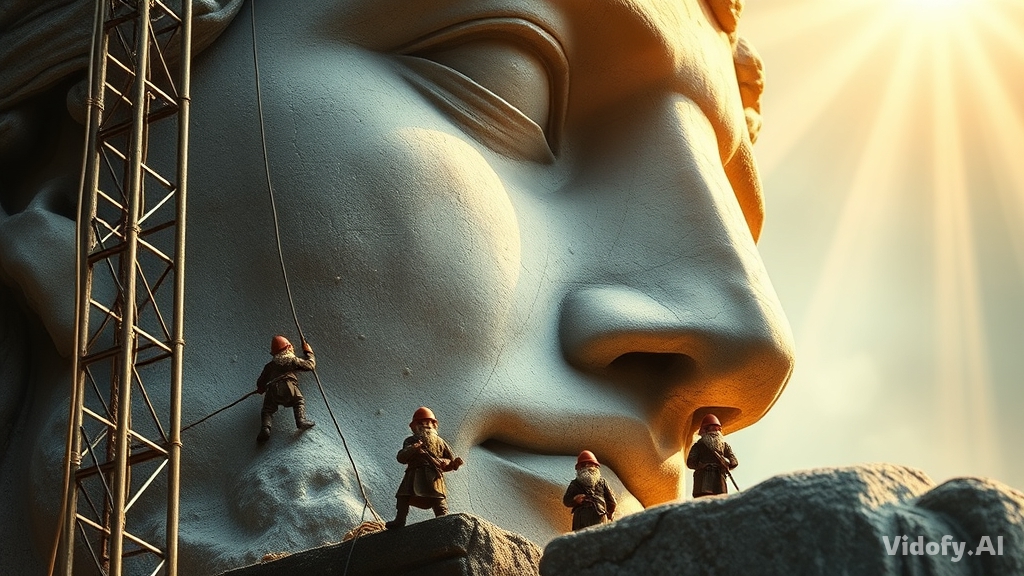 Tiny dwarfs restoring the face of a giant stone statue. Scaffoldi