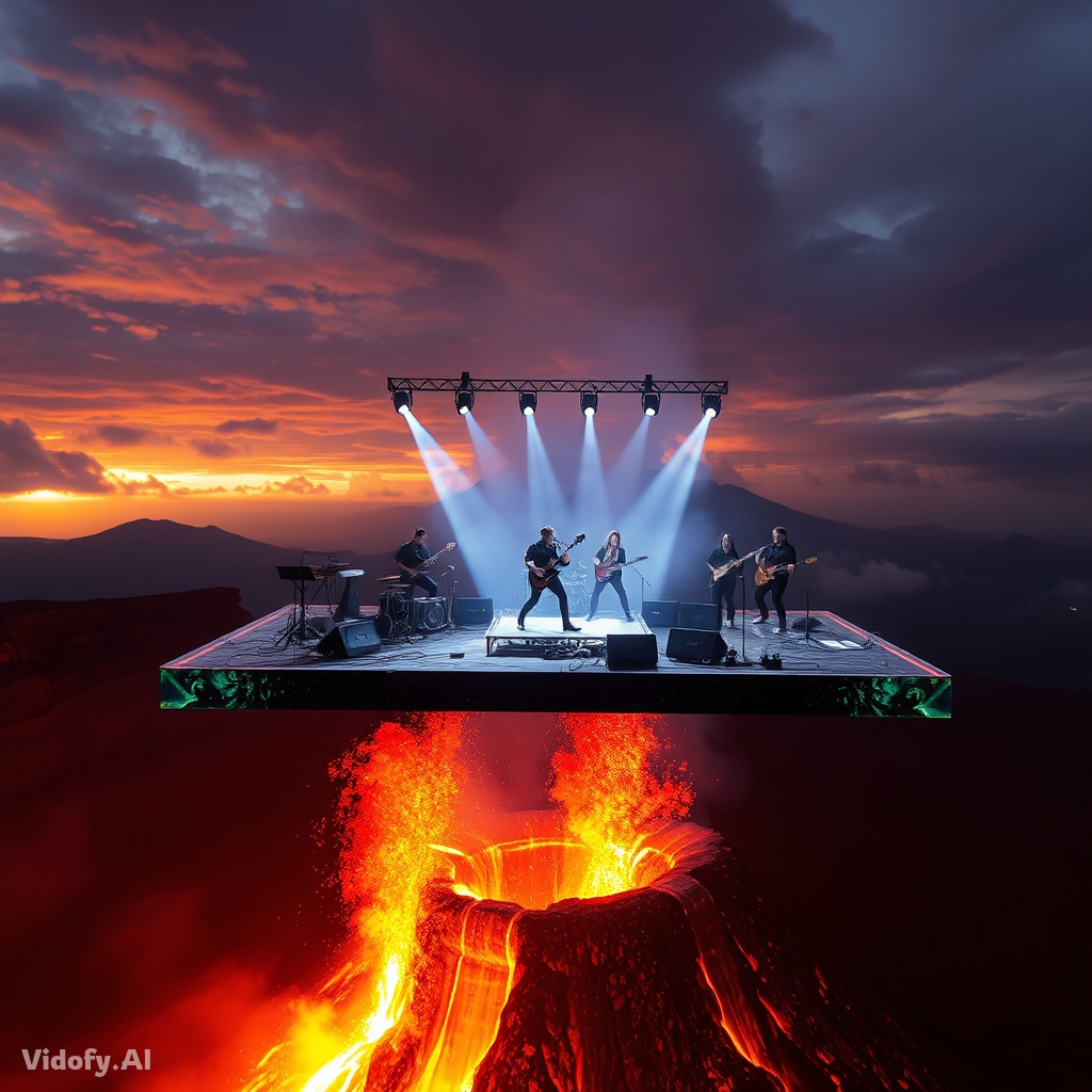 A rock concert happening on a transparent glass stage suspended a