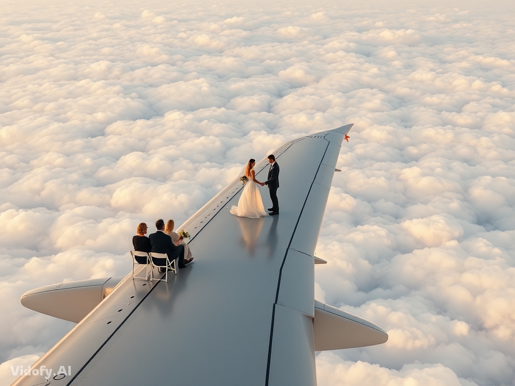 A wedding ceremony taking place on the wing of a flying airplane