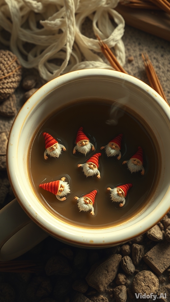 Tiny dwarfs swimming inside a giant coffee cup