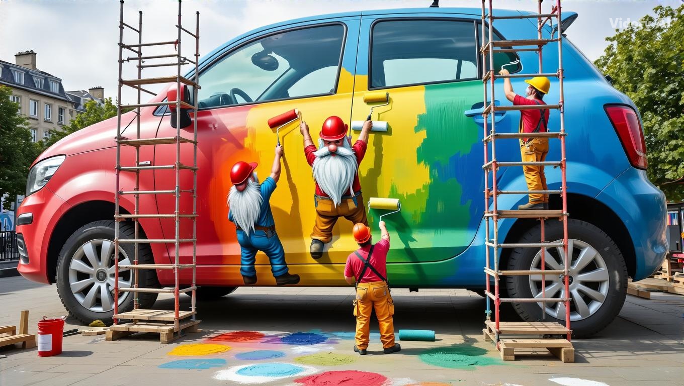 Miniature dwarfs painting a mural on the peel of a giant car. Usi