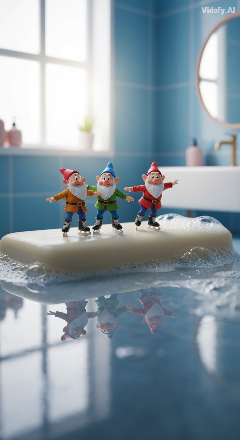 Miniature dwarfs ice-skating on a wet soap bar in a bathroom. Bub
