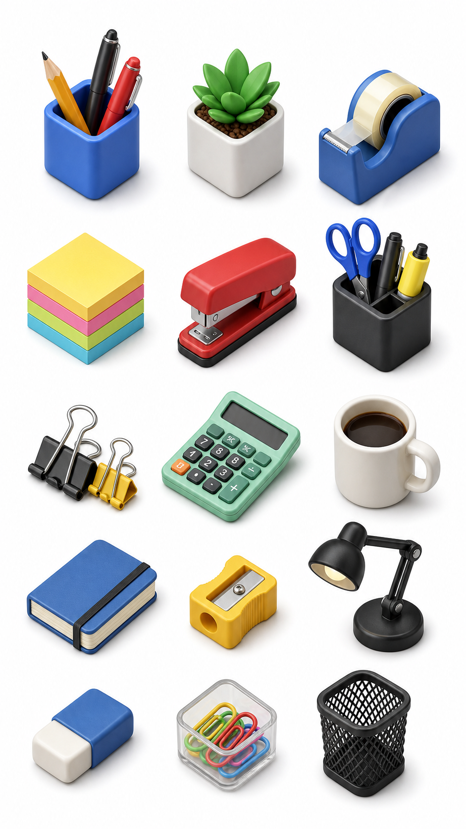 GPT Image 2 — An isometric 3D icon set of desk tools on a clean white background, colorful tactile