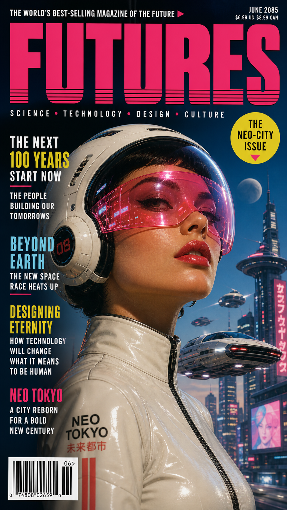 GPT Image 2 — A retro-futuristic magazine cover with cover lines, a bold masthead, and a small barcode,