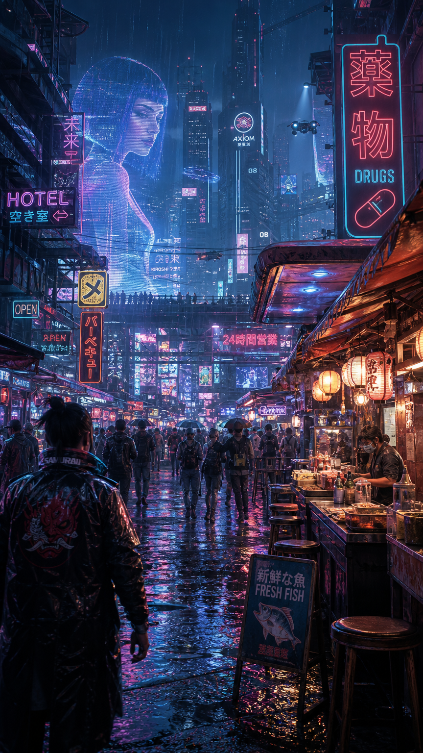 GPT Image 2 — A rain-soaked cyberpunk night market with glowing holographic signage, layered neon