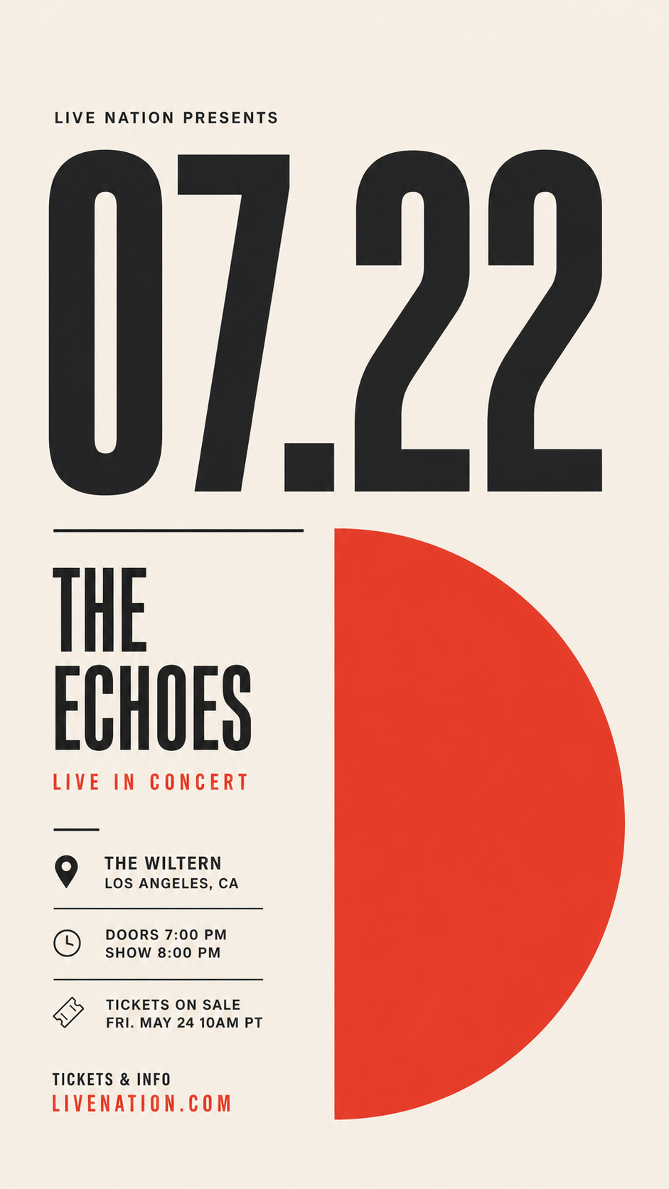 GPT Image 2 — A minimalist concert poster with a huge date '07.22', a single bold accent shape,