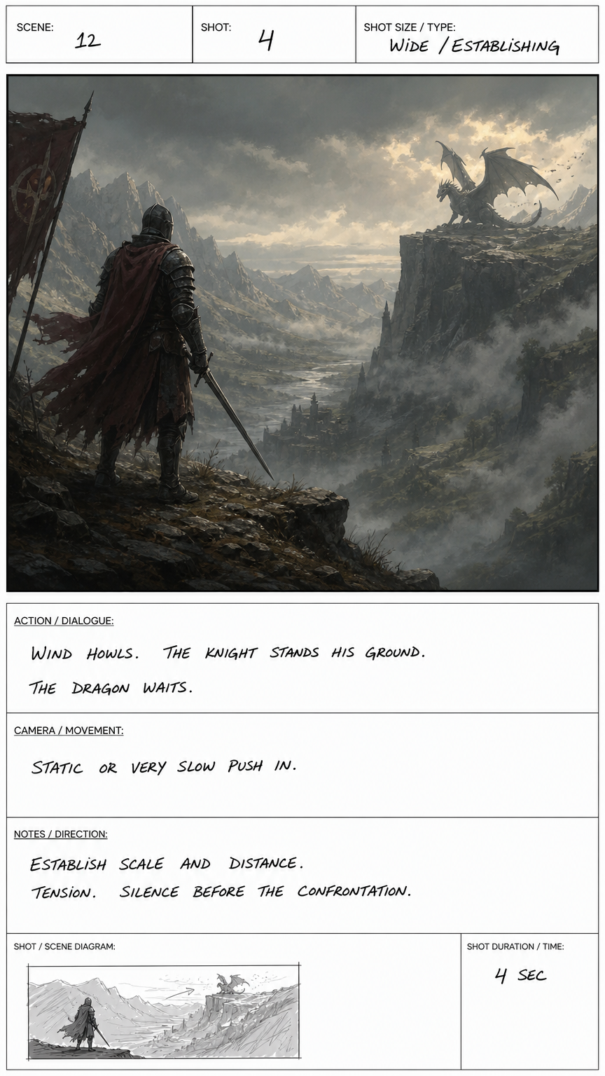 GPT Image 2 — A storyboard frame of a lone knight facing a distant dragon across a misty valley,