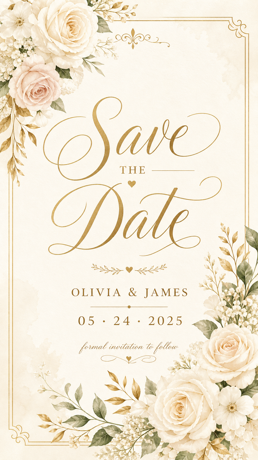 GPT Image 2 — An elegant wedding save-the-date card with flowing script reading 'Save the Date', soft