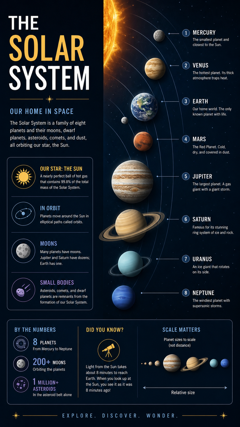 GPT Image 2 — A museum infographic panel about the solar system with labeled planets, orbital arcs, and