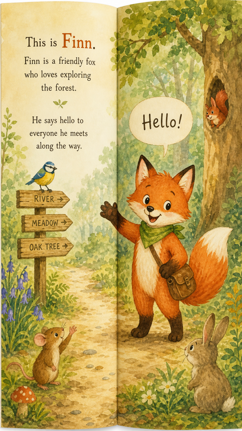 GPT Image 2 — A children's picture-book spread featuring a friendly fox in a forest, consistent