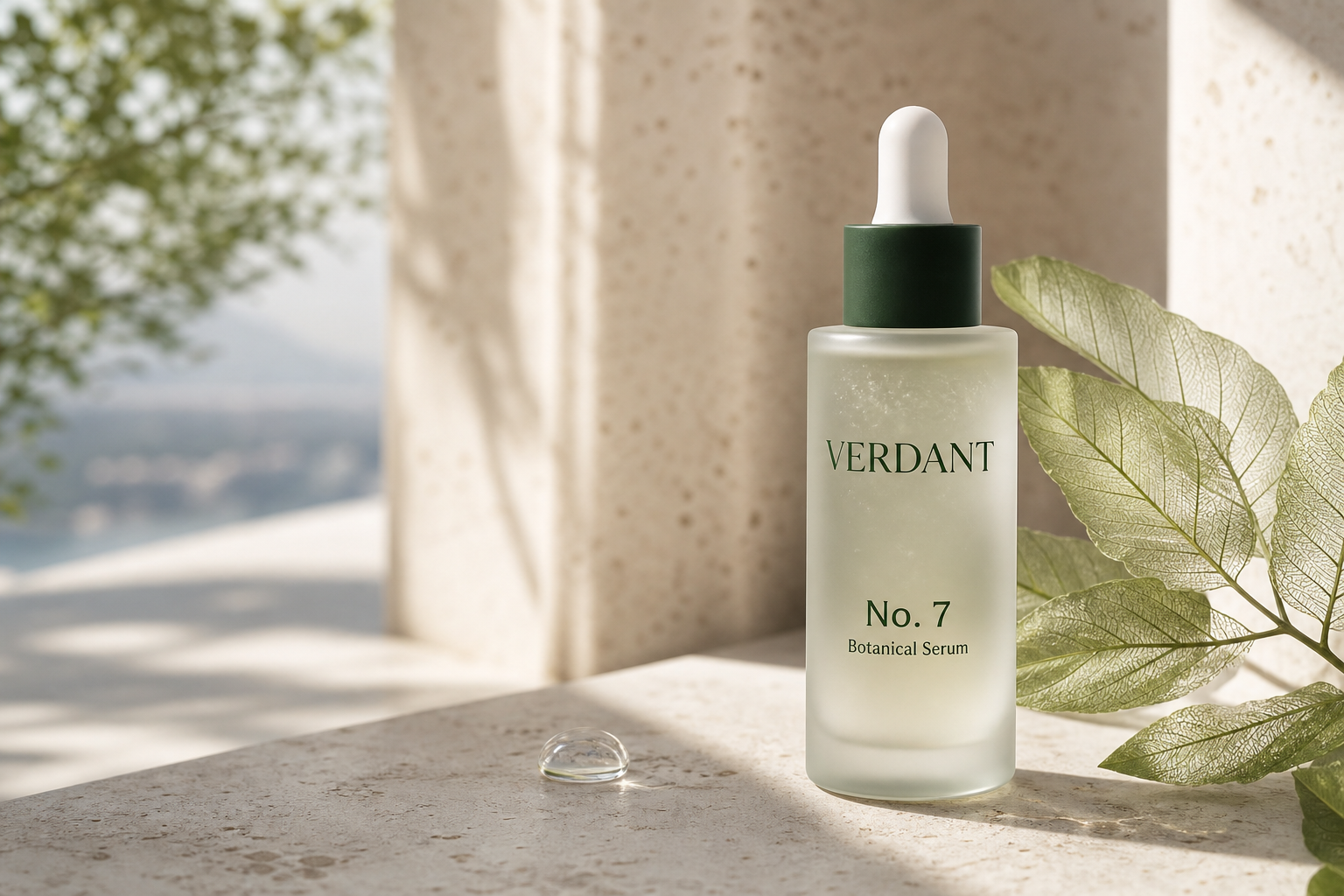 GPT Image 2 — A frosted botanical serum bottle stands on sunlit travertine.