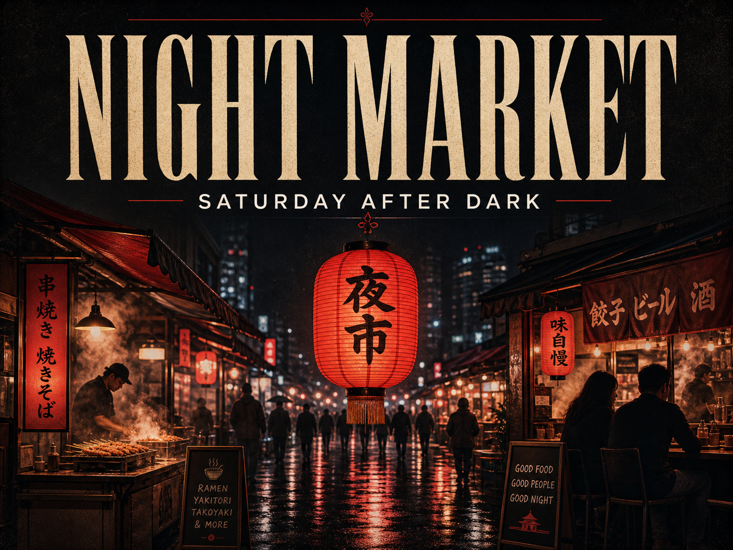 GPT Image 2 — A lantern-lit night market poster features a large cream headline.