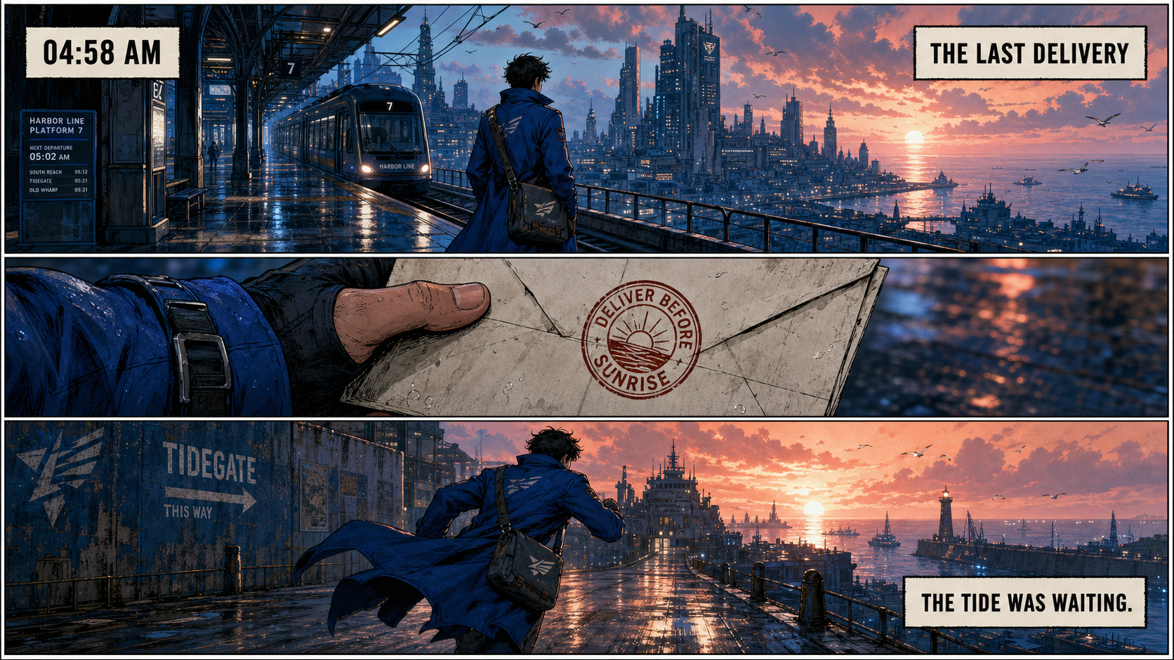 GPT Image 2 — A courier crosses a futuristic coastal city in a three-panel comic.
