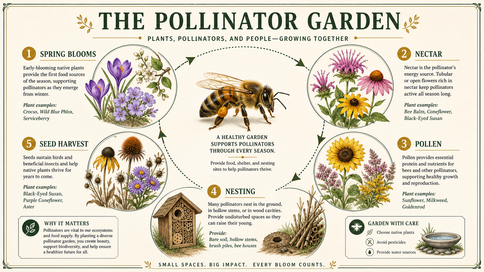 GPT Image 2 — A honeybee infographic explains the pollinator garden cycle.