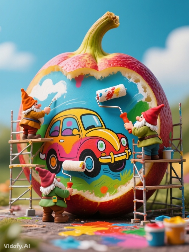 Miniature dwarfs painting a mural on the peel of a giant car. Usi