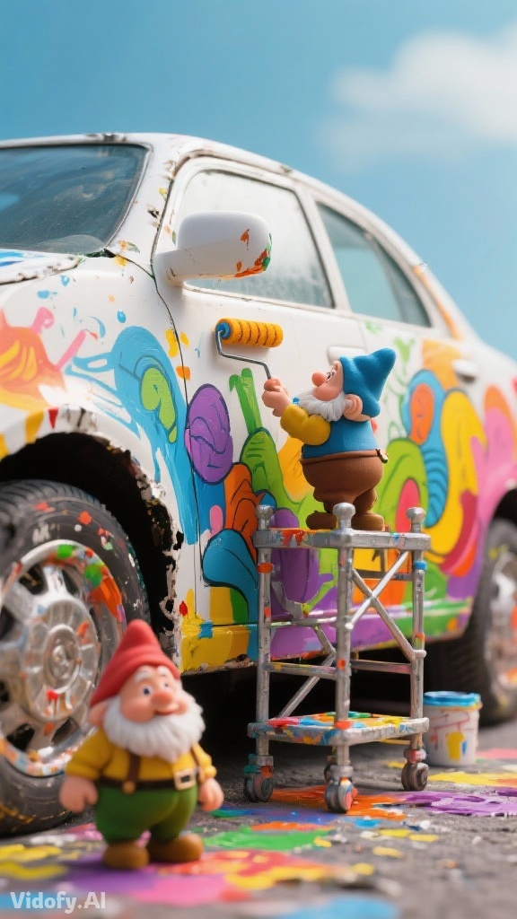 Miniature dwarfs painting a mural on the peel of a giant car. Usi