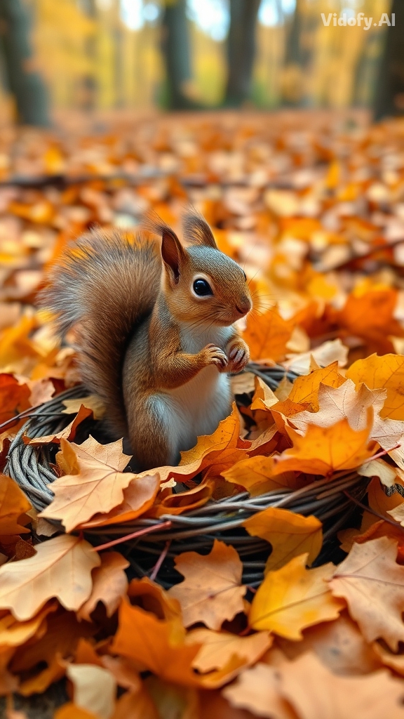 Nestled in a bed of autumn leaves, a squirrel slowly wakes