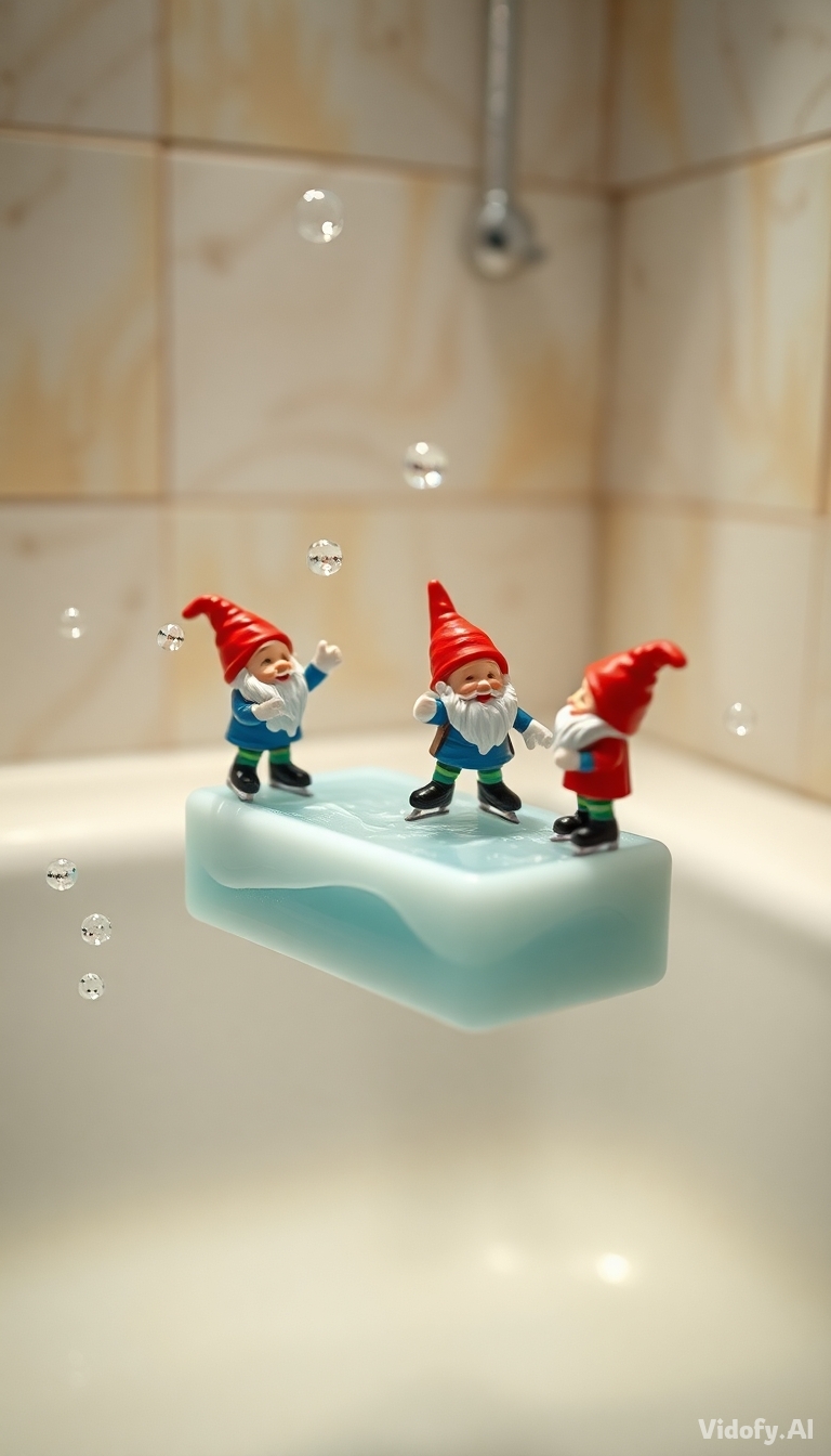 Miniature dwarfs ice-skating on a wet soap bar in a bathroom. Bub