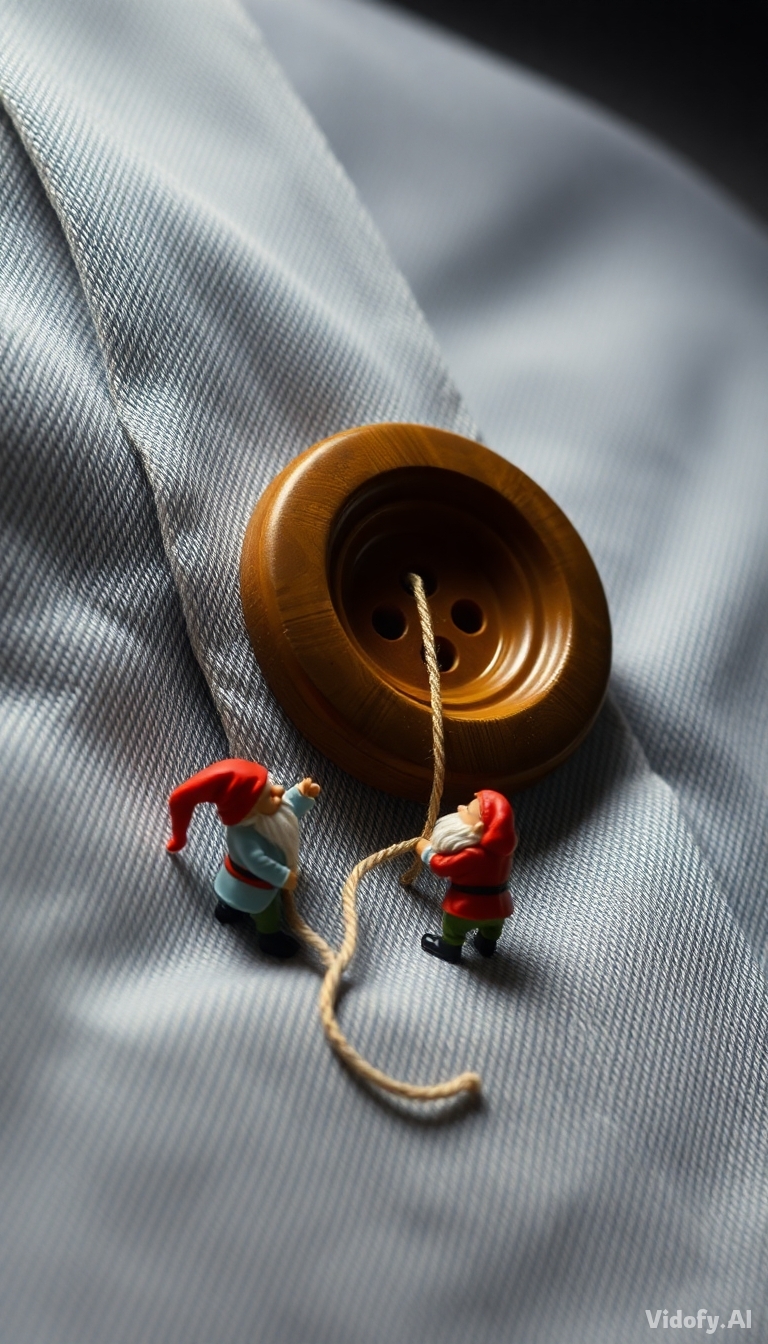 Miniature dwarfs sewing a giant button onto a huge shirt fabric. 