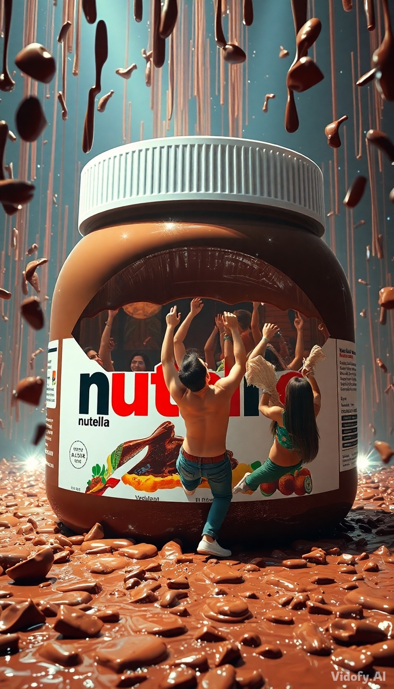 People dancing and partying inside a giant Nutella jar. Chocolate