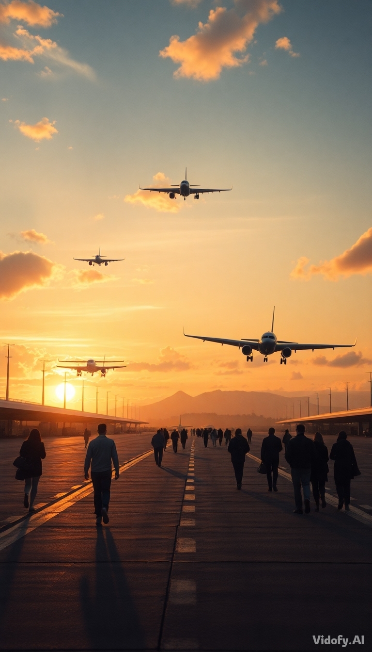 A futuristic airport where people board giant paper planes. Sunse