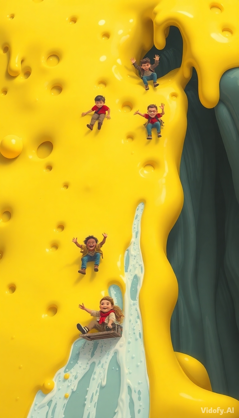 People sliding down a giant melting cheese slope. Fun expressions