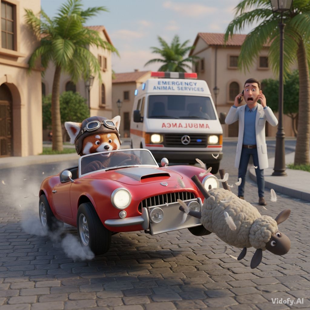 one animal riding on car and dashes another animal. car colour is