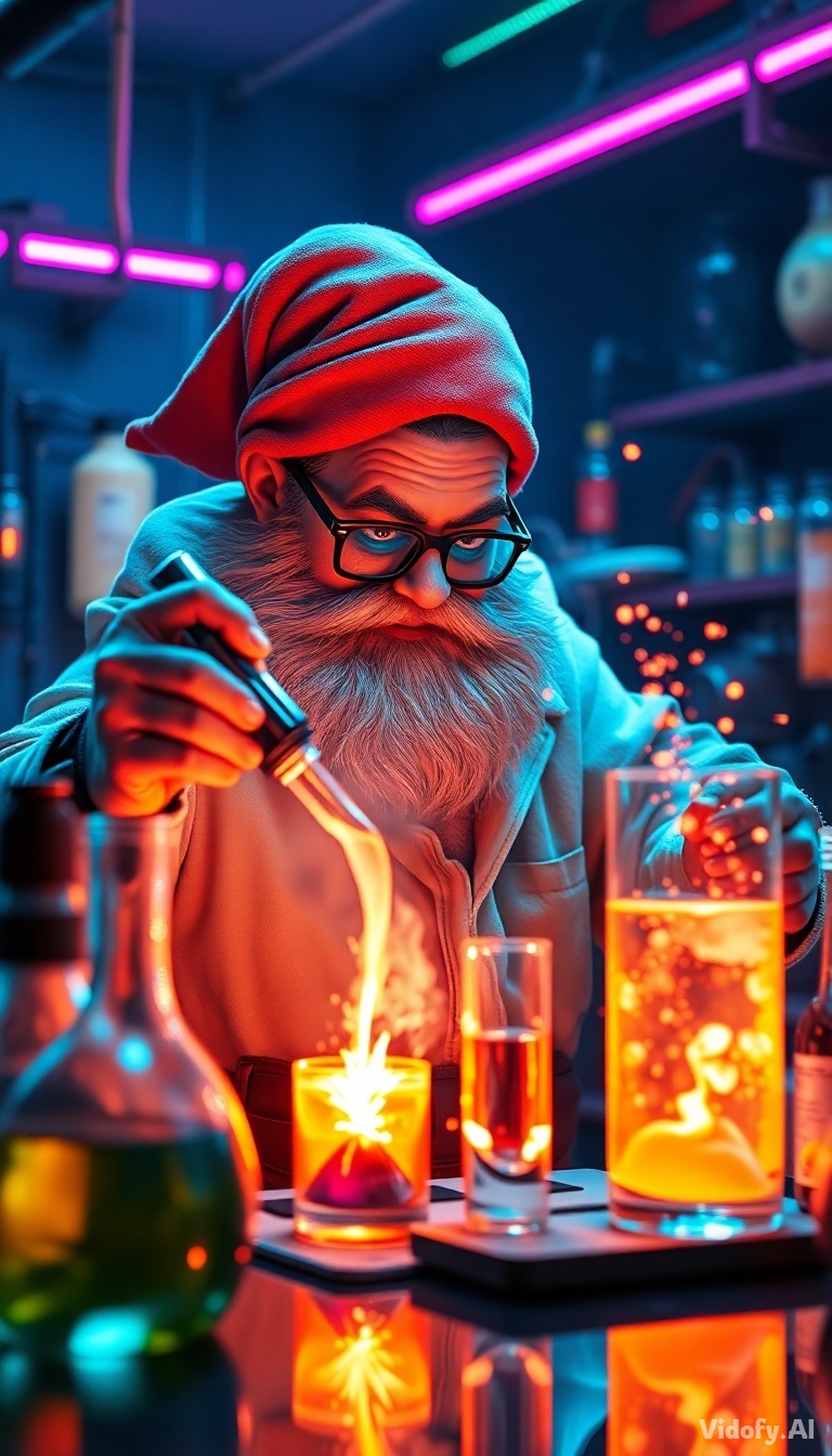 Dwarf scientist in a neon-lit cyberpunk lab mixing glowing liquid