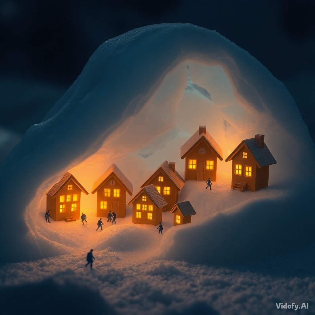 Tiny humans living in houses carved into a giant ice cube. Glowin