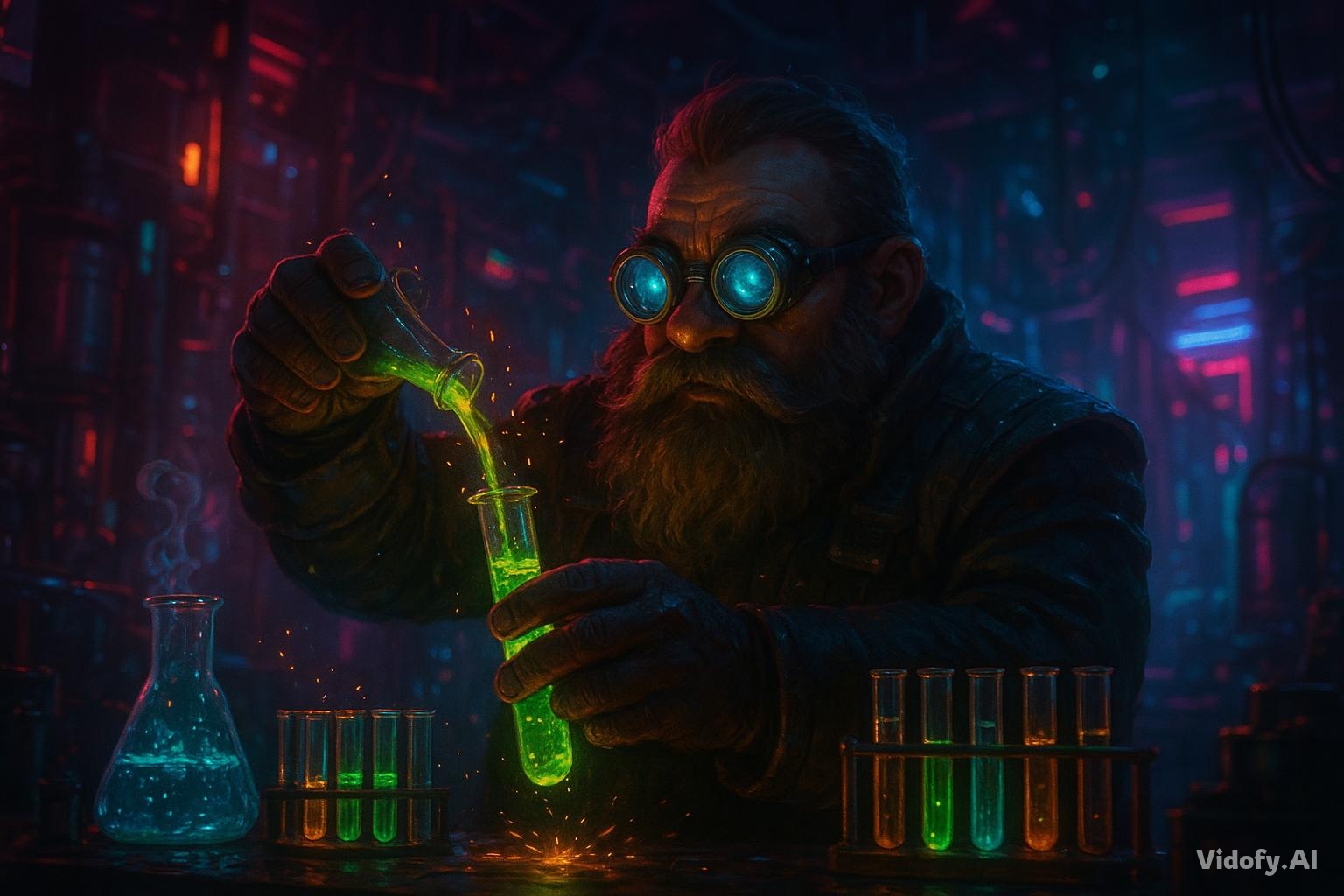 Dwarf scientist in a neon-lit cyberpunk lab mixing glowing liquid
