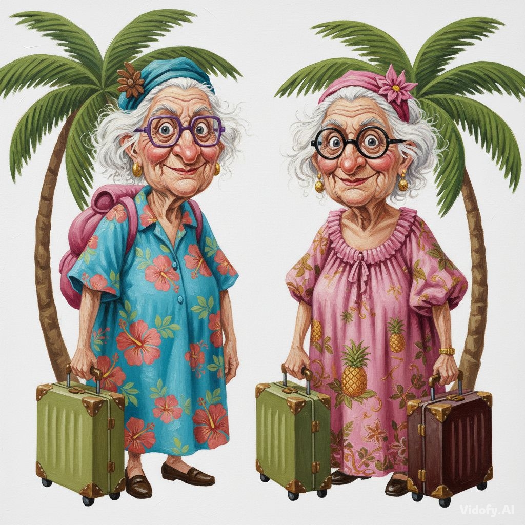 funny caricature Two older women have wrinkled faces, large