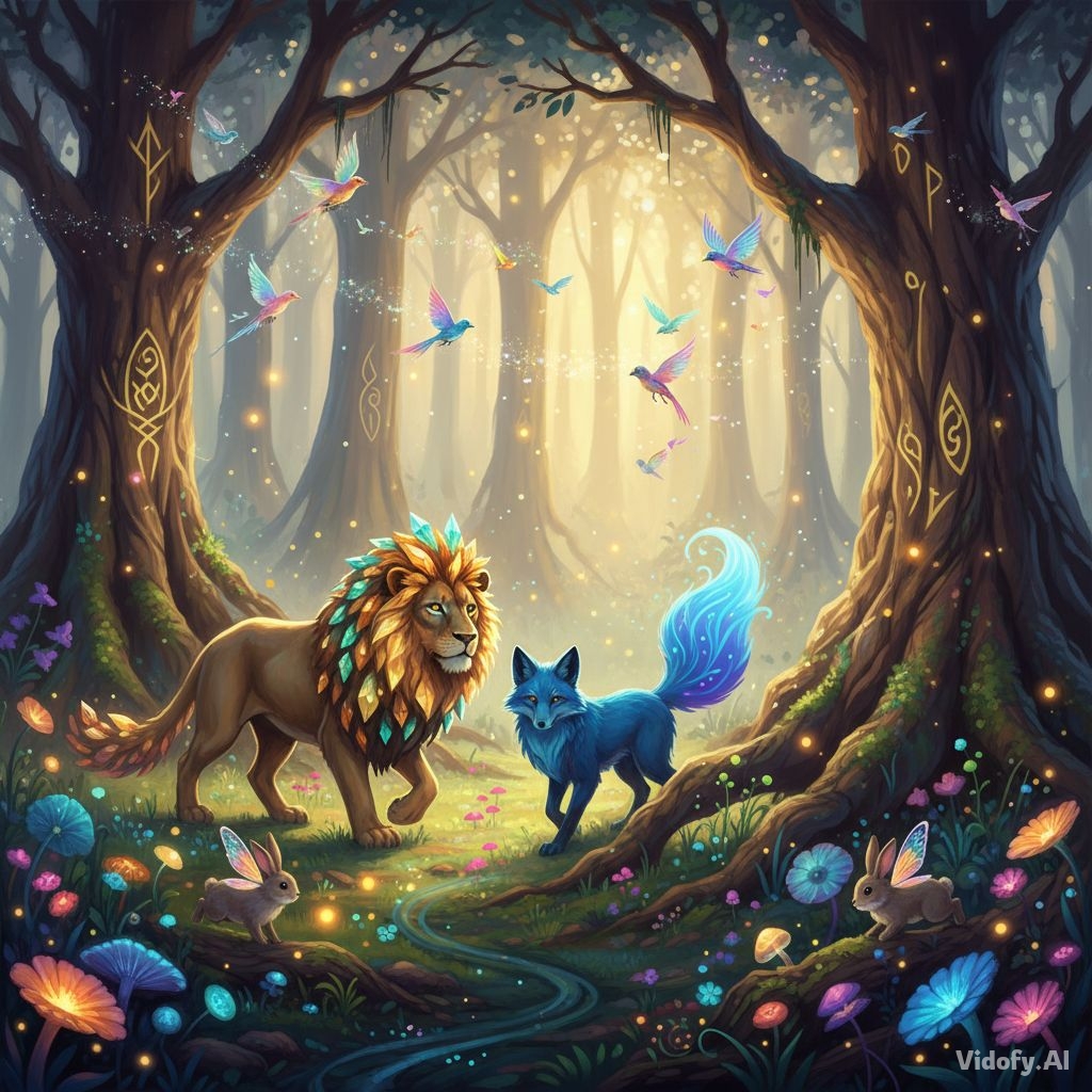A magical forest filled with unique glowing animals — a lion wi
