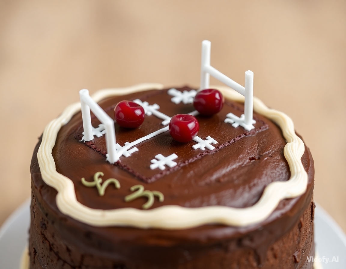 A miniature football match happening on top of a chocolate cake. 