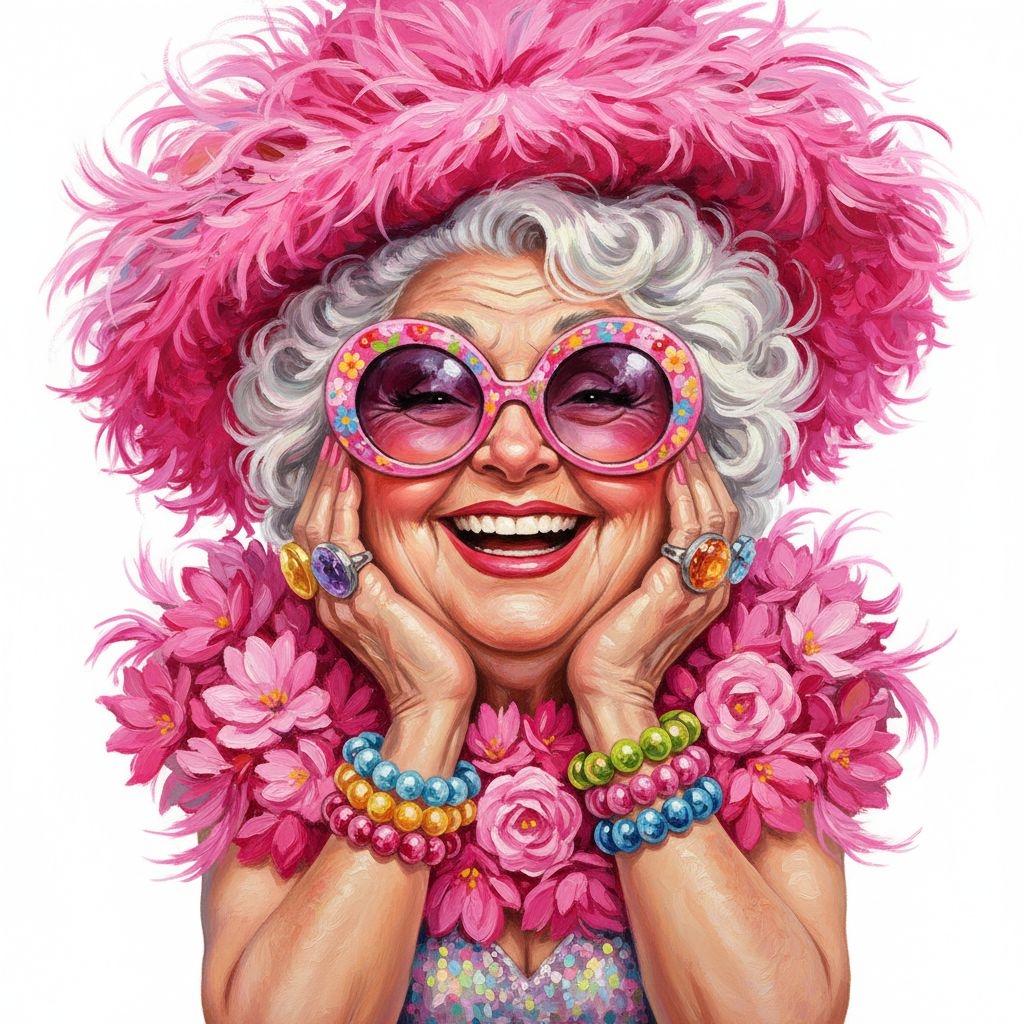funny caricature A cheerful older woman with white