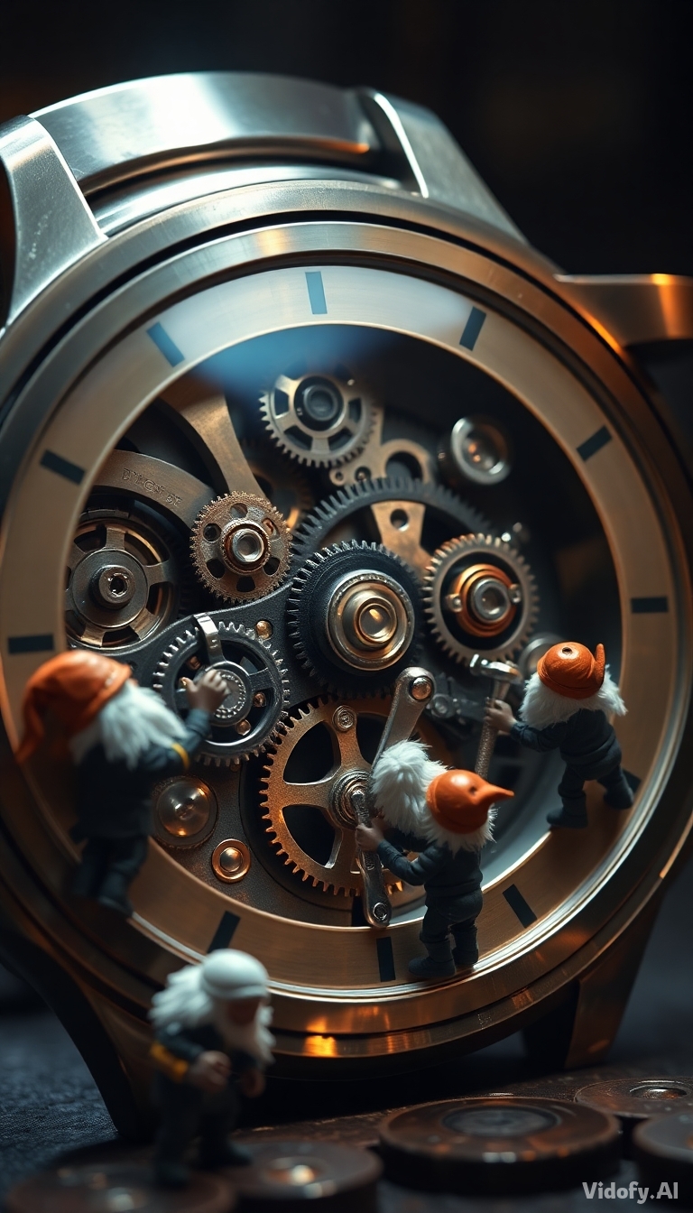 A group of tiny dwarfs repairing the inner gears of a giant wrist