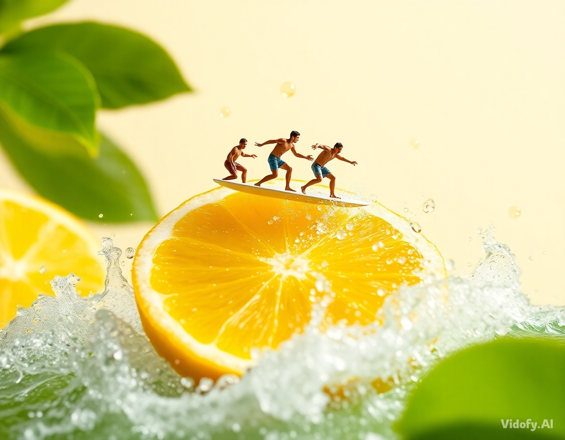 People surfing waves on top of a sliced lemon