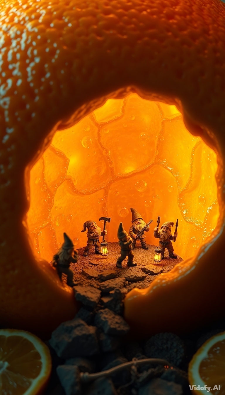 Tiny dwarfs mining inside a giant orange