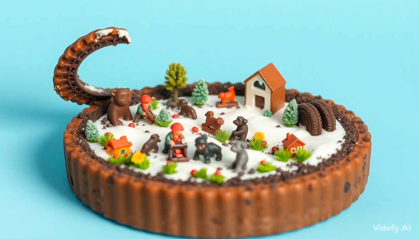 Tiny animals and farmers working inside an open Oreo cookie. Crea